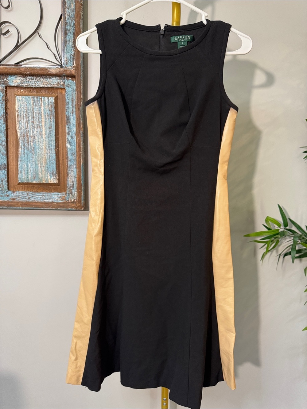 Lauren Ralph Lauren Black Midi Dress with Cream Side faux leather Panels